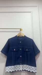 SJM KEMEJA KASUAL DENIM KOMBINASI BROKAT PREMIUM LENGAN PENDEK KANCING PREMIUM IMPORT BKK 8370