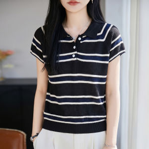 YUEXINYIRONG | Old Money Style Pinstripe POLO Collar Knit Short Sleeve Breathable and Cooling Flattering T-Shirt