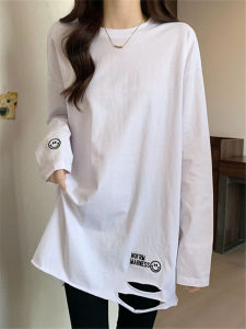เสื้อยืดแขนยาวผ้าฝ้ายแท้สำหรับผู้หญิง ทรงหลวม ปกปิดสะโพก ทรงหลวม แขนยาว ทรงหลวม ทรงเข้ารูป ทรงเข้ารูป เสื้อยืดขาว