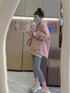 Pink Fleece Lined Hooded Lamb Fur Sweatshirt Womens Loose Mid-Length Cover Butt New Style 2025 Spring Autumn Seasonal Wear