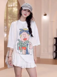 BINKAFENNY | White Abstract Cartoon Print Short Sleeve T-Shirt Women Summer Large Size Loose Versatile Straight Cut Korean Style Top