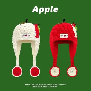 Creative Apple Design Handmade Knitted Pullover Hats Women Autumn and Winter Warm Versatile Ear Protection Beanies Cap Y2K