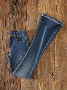 Retro High Waist Slim Fit Denim Jeans Womens Spring Autumn New Style Bell Bottoms Elastic Frayed Edge Casual Cotton Blend