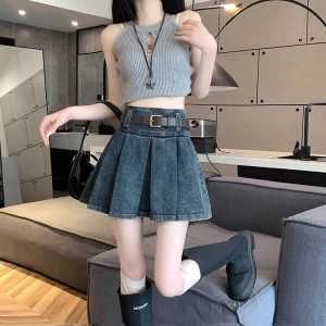 Váy Ngắn Chữ a Cạp Cao Màu Xanh Lam Cổ Điển Cho Nữ Mùa Xuân Hè Mới Về Váy Denim Xếp Ly Thon Gọn Cho Nữ