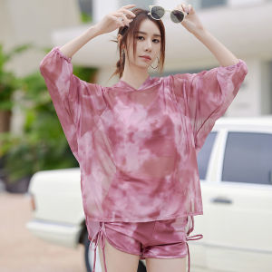 Conservative Womens Swimsuit Three-Piece Set Flat-Bottom Shorts Belly Covering Thermal Bathing Suit Polyester Nylon Lycra