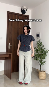Áo sọc basic nữ áo sơ mi Linen sọc kiểu nữ tay bồng nhún eo kẻ sọc cổ bẻ cách điệu xinh