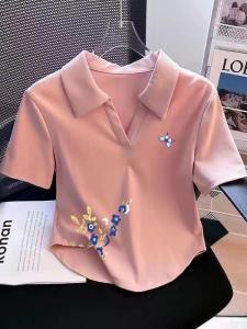 White Cotton Slim Fit Short Sleeve Polo Shirt Summer Trendy Anti-Aging Womens T-Shirt Cover Stomach Short Length Print Design