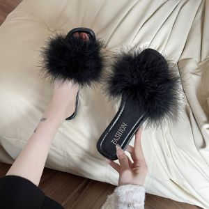 รองเท้าแตะผู้หญิงสวมใส่สบายแบบสวมส้นเตี้ยพื้นยาง ทรงปากเปิด ด้านบนเป็นขนสัตว์ สำหรับงานแต่งงาน ฤดูร้อน 2025 สไตล์นางฟ้า ใส่ได้หลากหลาย