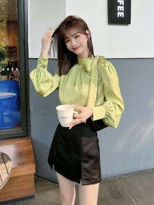 French Style Beautiful Long Sleeves T-Shirt Womens Autumn New Arrival Fancy Satin Tops Bows Stand-up Base Shirt