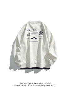 Retro round Neck Sweatshirt Mens Loose Fit Letter Print Casual Top for Autumn Season Youth Fashion Team Match Basic Shirt