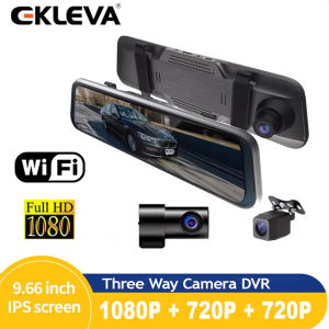 EKLEVA Dash Cam Car Mirror Dvr HD 1080p 3 Channel Touch Screen Dashboard Camera Front Inside Rear 170 Degree Wide Angle Reverse Image