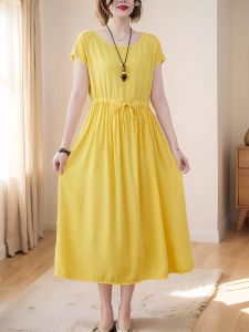 Pure Color Noil Poplin Dress Summer Long below the Knee Outwear Loose Lace-up Waist-Controlled Slimming Large Swing Temperament Dress Women