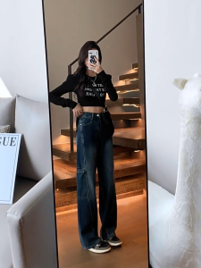 JIAQI 🌟พร้อมส่ง🌟 กางเกงยีนส์ทรงตรงสไตล์ย้อนยุคสำหรับผู้หญิงปี 2025 กางเกงขายาวทรงหลวมเอวสูงสไตล์อเมริกัน