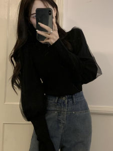 Áo Thun Nữ Tay Đèn Lồng Kiểu Pháp Thanh Lịch Lưới Mùa Xuân Thu Màu Đen Thanh Lịch Áo Lót Cổ Cao Dài Tay Áo