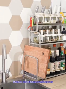 LOADNIX Stainless Steel Kitchen Spice Rack Multi Layer Kitchen Organizer Countertop Storage Shelf Large Capacity Seasoning Rack with Knife Holder and Hooks