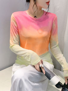 Slim Fit Long Sleeve Tie Dye Mesh Base Shirt Womens Fashionable T-Shirt Autumn Wear Commute Style round Neck Geometric Pattern