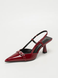 Womens Patent Leather Pointed Toe Slingback Heeled Sandals Wine Red Buckle Strap Mid Heel Pumps Elegant Retro Backless Shoes