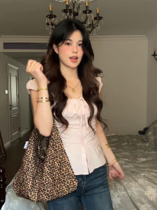 Pure Desire Pink Square Collar Short Sleeve Shirt Womens Summer Slim Fit Sweet And Spicy Girl High End Versatile Casual Waist Cinched Top