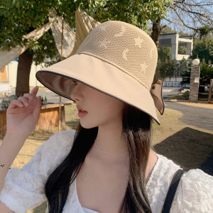 Womens Fashionable Black Glue Fisherman Hat Small Brim Sunscreen Face Covering Summer Butterfly Knot Popular Sun Hat