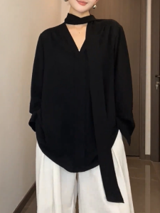 QINGNAER | V-neck Ribbon Design Loose Blouse Big Size Women Shirt