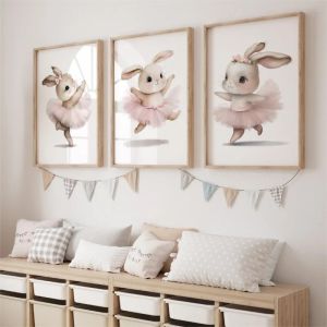 3pcs Cute Ballerina Bunny Ballet Canvas Posters Woodland Animal Print Painting Girls Room Decor Rabbit Wall Art Nursery Decor