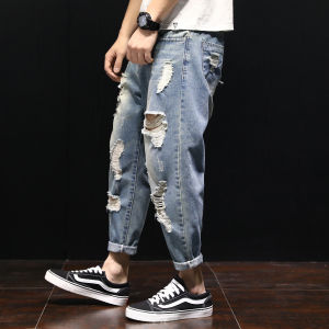 กางเกงยีนส์ทรงหลวมสำหรับผู้ชายในฤดูใบไม้ร่วง กางเกงขายาวทรงหลวมเอวกลาง ทรงลำลอง ผ้าฝ้ายบาง กางเกงขายาวทรงสลิมฟิต
