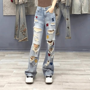 Trendy American Style Graffiti Jeans Womens Summer Thin Casual Floor-Length Wide Leg Pants High Waist Cotton Blend Jeans