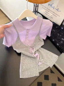 TIANANQI | Summer Loose Lazy Style Design Large Purple Knitted Fake Two Pieces T-Shirt