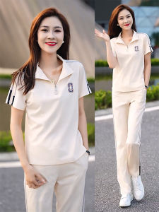 Summer Thin Ice Silk Short Sleeve Casual Running Suit Two Piece Set for Women Fashionable Sportswear Lightweight Polyester Fiber