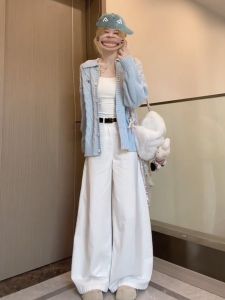 Quần Jeans Denim Ống Thẳng Lưng Cao Cho Nữ Quần Dài Đến Sàn Kiểu Dáng Rộng Phong Cách Mùa Thu Màu Trắng Cạp Cao