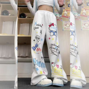 American Style Hellokitty Graffiti Cat Print High Street Casual Sports Pants Womens Wide Leg Pants Spring Dancing Trousers