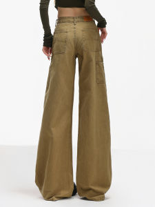 American Style Low Waist Khaki Workwear Denim Pants Womens Autumn 2025 Wide Leg Floor-Length Draping Long Trousers
