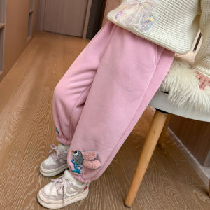 กางเกงขายาวผ้าขนสัตว์ผสมคอตตอนสำหรับเด็กผู้หญิงฤดูหนาว กางเกงขายาวทรงหลวมสไตล์การ์ตูนดีไซน์น่ารัก เอวยางยืด สวมใส่สบาย