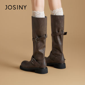 Josiny | Desert Style Western Cowboy Boot Women Mid-calf Brown Leather Strap Boots