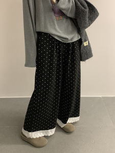 Fashionable Lace Trim Bubble Print Casual Pants Elastic Waist Draped Slimming Wide Leg Long Trousers Spring 2025 New Arrival