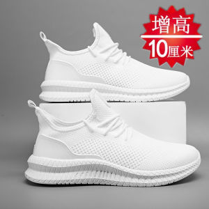 Mens Heightening Shoes 10cm Summer Breathable Fly Knit Sports Casual Trendy White Sneakers Large Size round Toe Rubber Sole