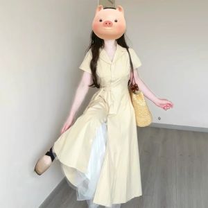 French Gentle Style Shirt Dress Womens Summer New High Waist Slimming Long Dress Sweet Japanese Style A-Line Skirt Cotton Polyester