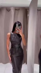 HH Women Vintage Brown Faux Leather Skirts Sets O Neck Vest With Belt Slim Front Slit Midi Skirt 2026 Trend High Street Outfits