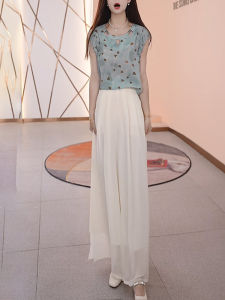 Shalldoer | Bộ đồ hai mảnh thời trang phong cách Hàn Quốc mùa hè 2025 Áo sơ mi khoét lỗ màu xanh trái tim quần ống rộng thường ngày cho nữ