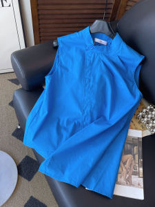 PAIBOLI | Blue Oversized Autumn French Design Unique Stand Collar Sleeveless Womens Irregular Pleated Vest Top Fashionable Loose Fit Shirt