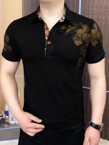 Áo Thun Nam Ice Silk Đính Đá Tay Ngắn Thường Ngày Cao Cấp Chất Lượng Cao Màu Đen POLO Cổ Polo Trang Phục Công Sở Mùa Hè