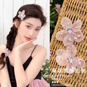 Sweet Cherry Blossom Mesh Hair Clip for Women Side Bangs Duckbill Hair Clip Stylish Korean Style Fresh out Fashion Hair Accessories