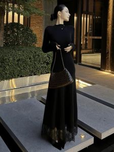 SHANGSHA | Elegant French Style Black Dress