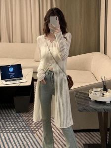 Áo Len Dệt Kim Mỏng Màu Trắng Khoét Sâu Dài Vừa Phải Thời Trang Đầu Thu Phong Cách Ngọt Ngào Áo Khoác Ngoài Cổ Chữ V Tay Dài