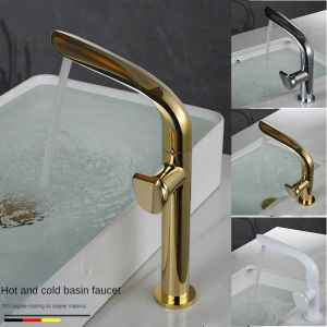 Copper Bathroom Faucet Extra High Brushed Gold Basin Tap Luxury Brass Faucet Deck Mounted Hot and Cold Water Mixer Crane