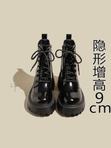 Womens Martin Boots Increased Height Thick Bottom Motorcycle Boots Short High Heel Black Cross Strap Cowhide Leather Shoes