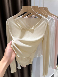 เสื้อยืดคอกลมแขนยาวผู้หญิงฤดูใบไม้ร่วงทรงเข้ารูปคอวีเสื้อเชิ้ตโพลีเอสเตอร์ผสมคอตตอน