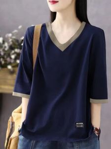 Fashionable Color Block Pure Cotton V-Neck Short Sleeve T-Shirt Womens Summer plus Size Loose Belly Covering Slimming Mid-Sleeve Top