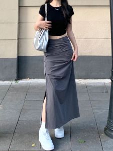 plus Size Womens Retro High Waist Midi Skirt with Pockets A-Line Pleated Hip Covering Wrap Body Workwear Polyester Fabric