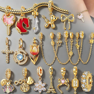 NEW Gold Plated Charms for Bracelet DIY Jewelry Making Eiffel Tower Tulip Bow Safety Chain CZ Enamel Pendant Bea for Women Gift